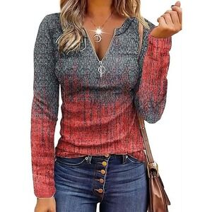 Women's Long Sleeve V-Neck Top - Red and Black